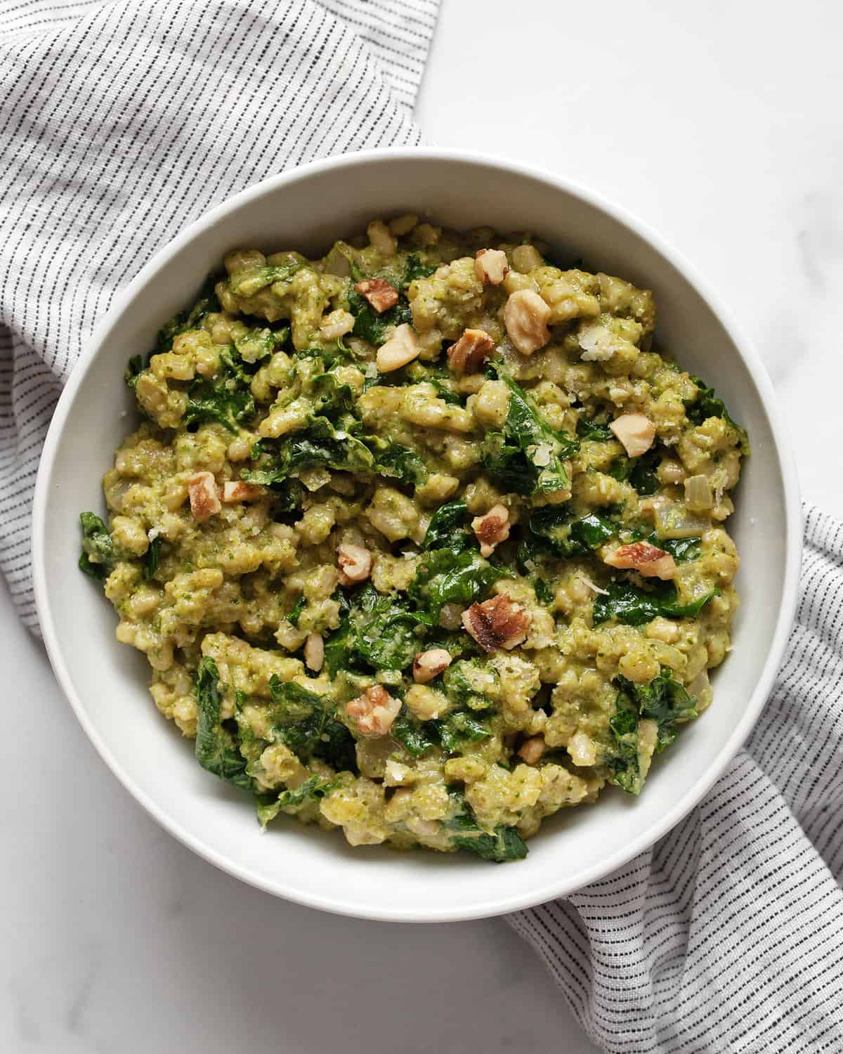 Baked kale risotto in a bowl.
