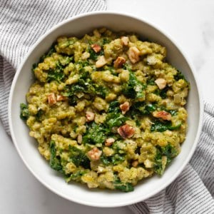 Baked kale risotto in a bowl.