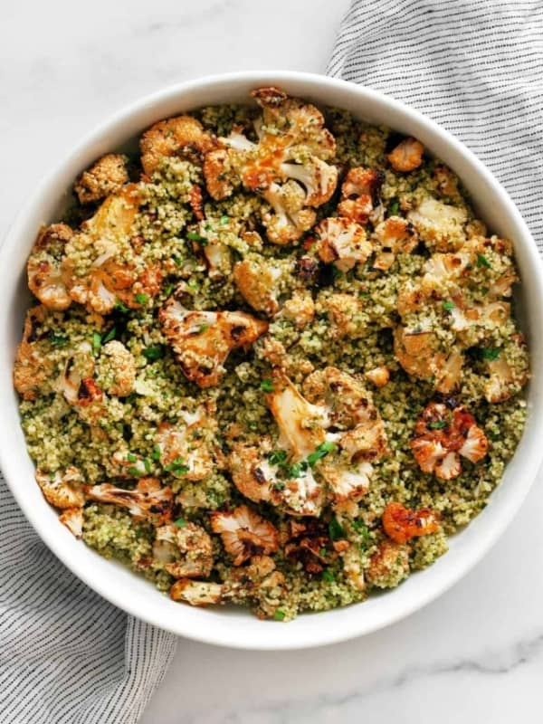 Roasted cauliflower couscous in a bowl.