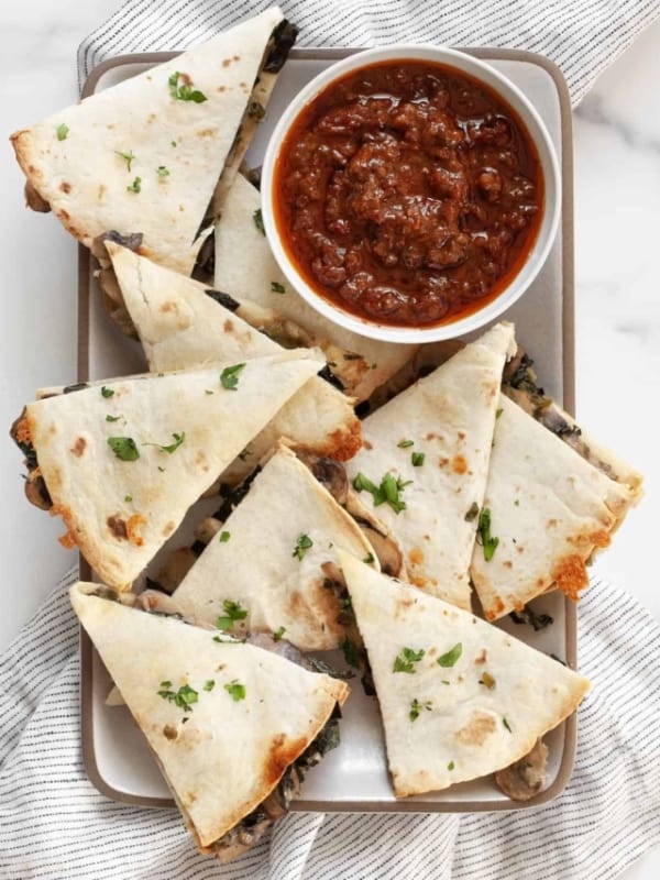 Easy baked mushroom quesadillas on a plate.