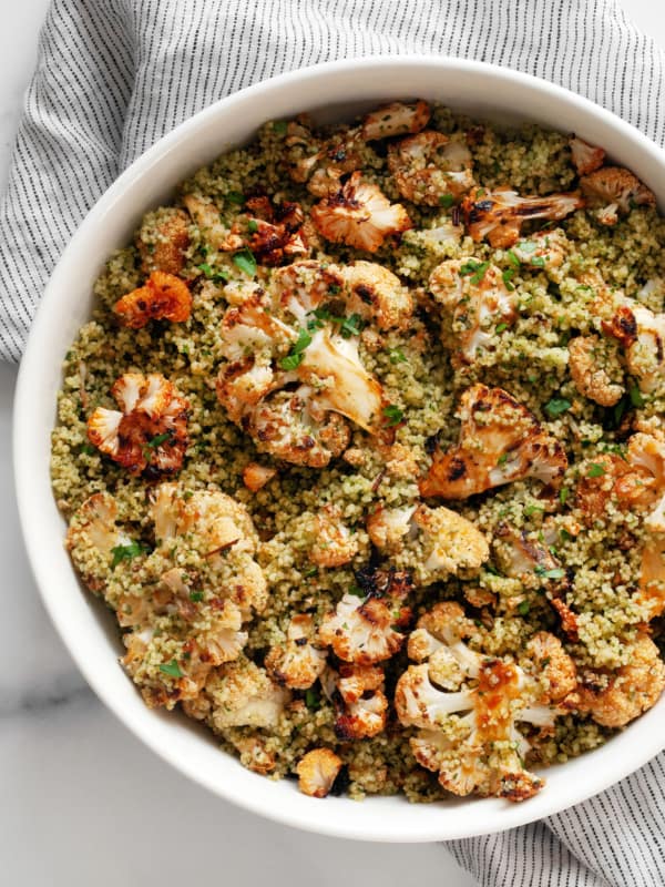 Roasted cauliflower couscous in a large bowl.