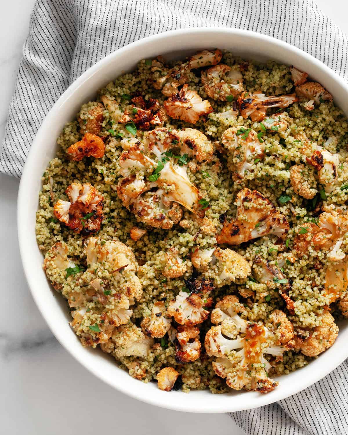 Roasted cauliflower couscous in a large bowl. 