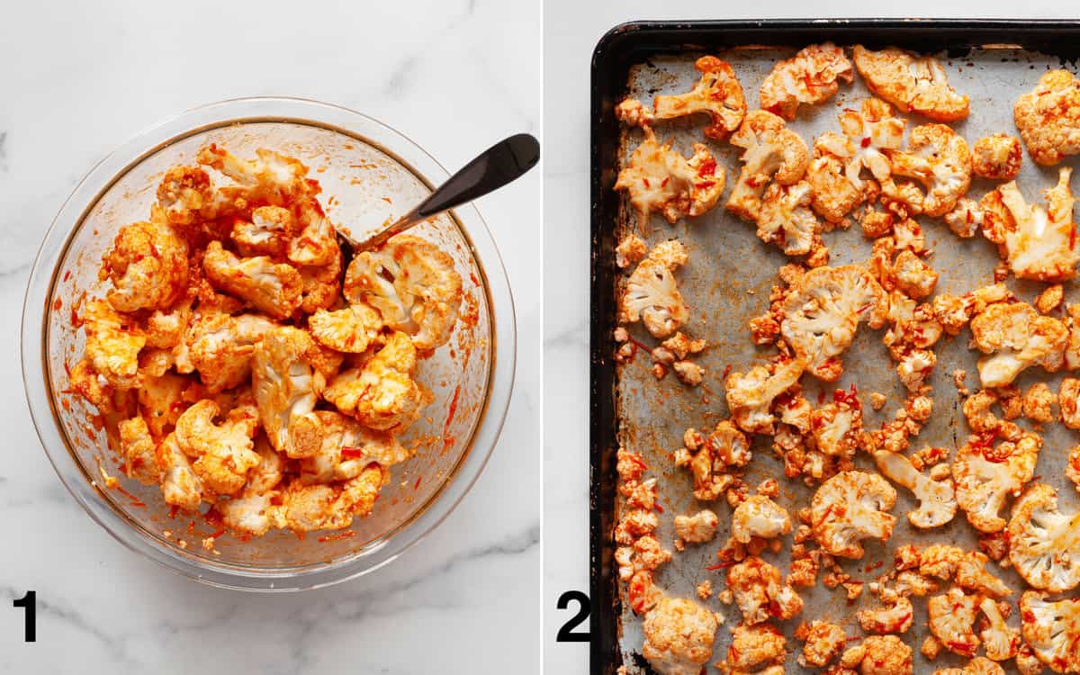 Cauliflower stirred into marinade in a bowl. Cauliflower florets spread across pan before they are roasted.