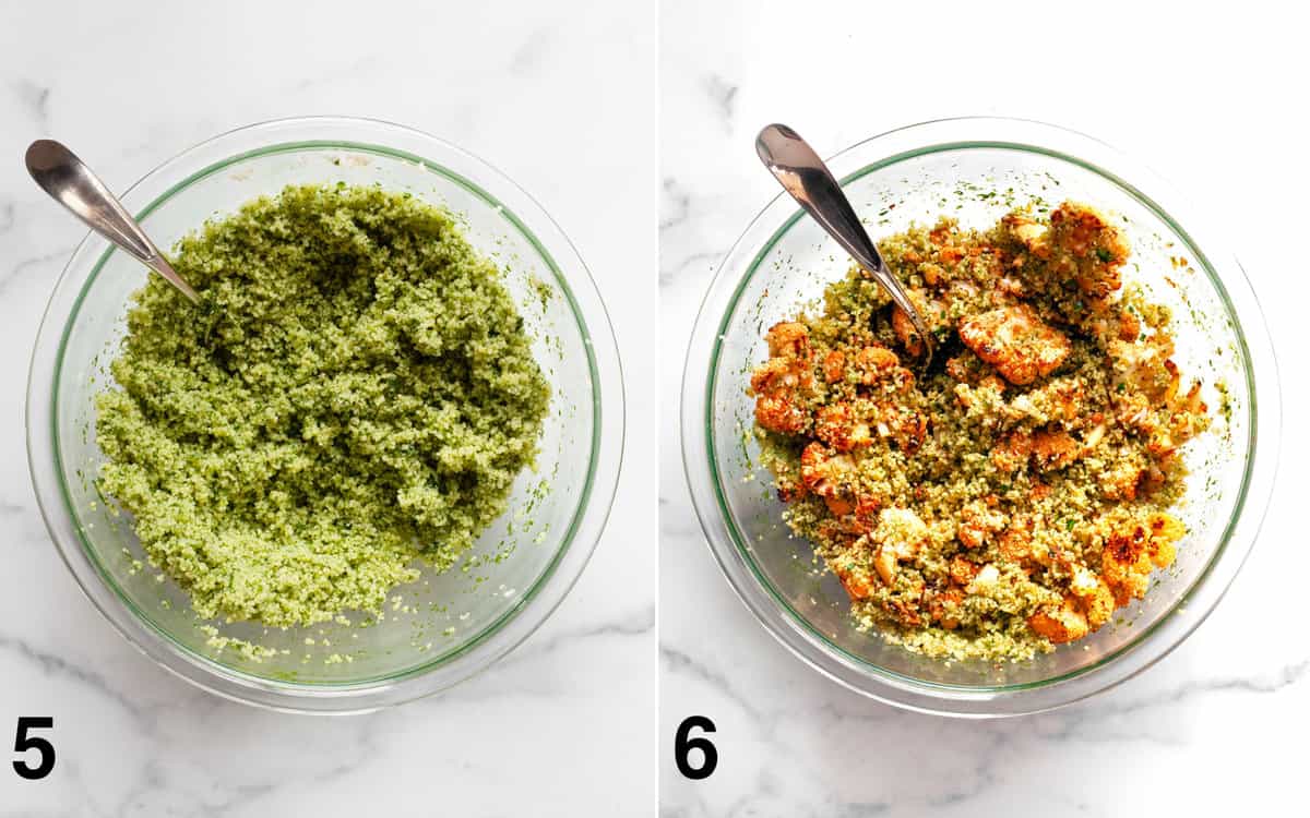 Herb oil stirred into couscous. Roasted cauliflower folded into couscous.