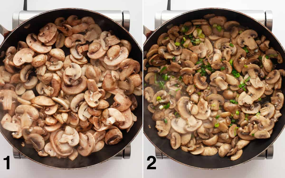 Mushrooms sautéing in a skillet. Jalapeños, garlic and scallions stirred into sautéed mushrooms.