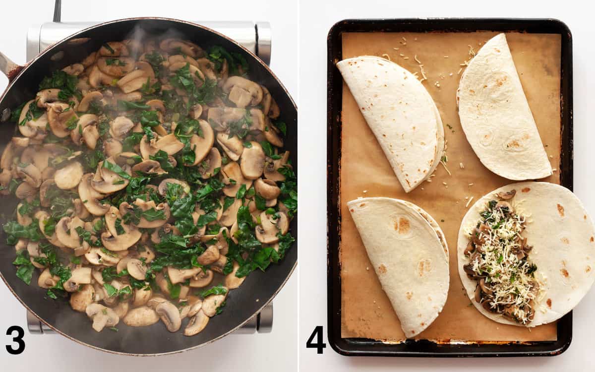 Kale stirred into sautéed mushrooms. Quesadillas assembled on a sheet pan.