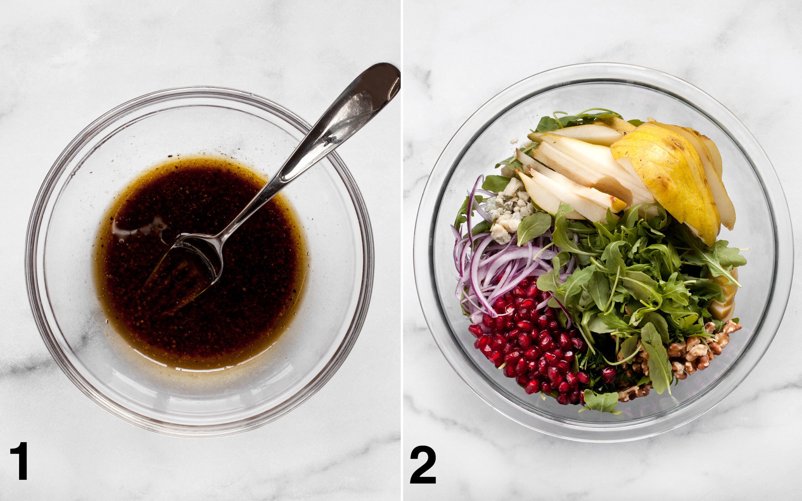In a small bowl, whisk together the balsamic vinaigrette. Then combine the salad ingredients in a large bowl.