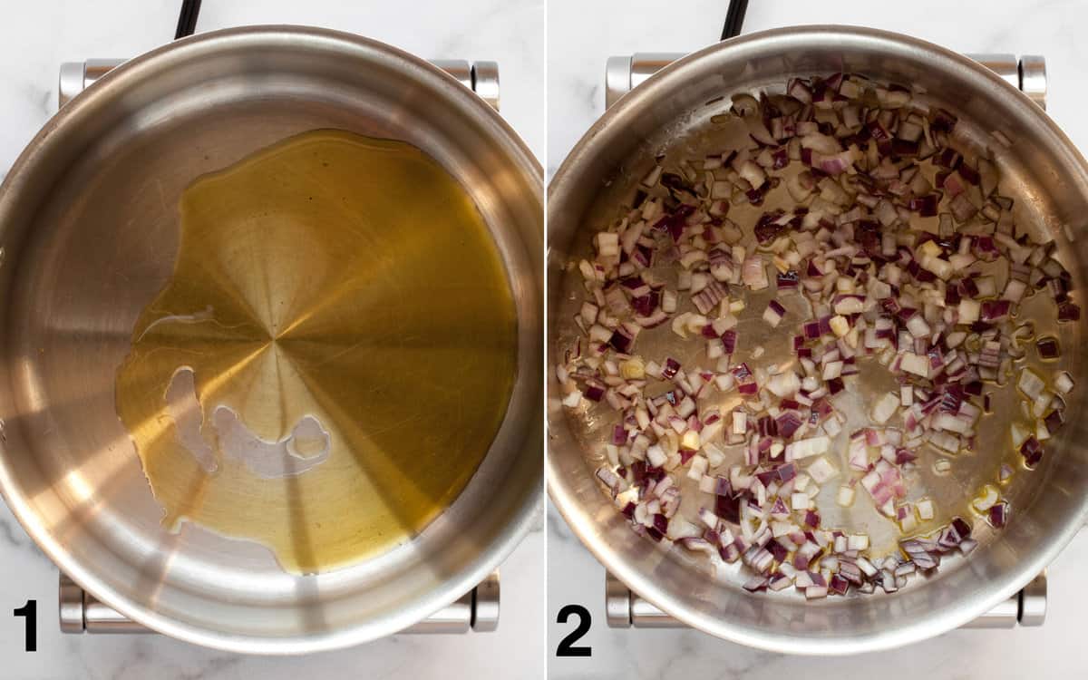 Oil in pot. Onions sauteing in oil.