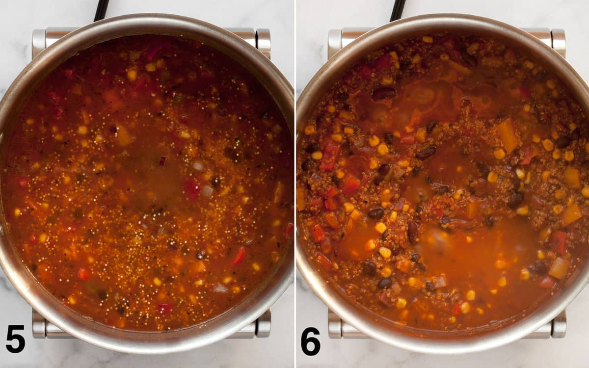 Beans, corn, quinoa, tomatoes and broth in large pot. Finished chili in the pot.