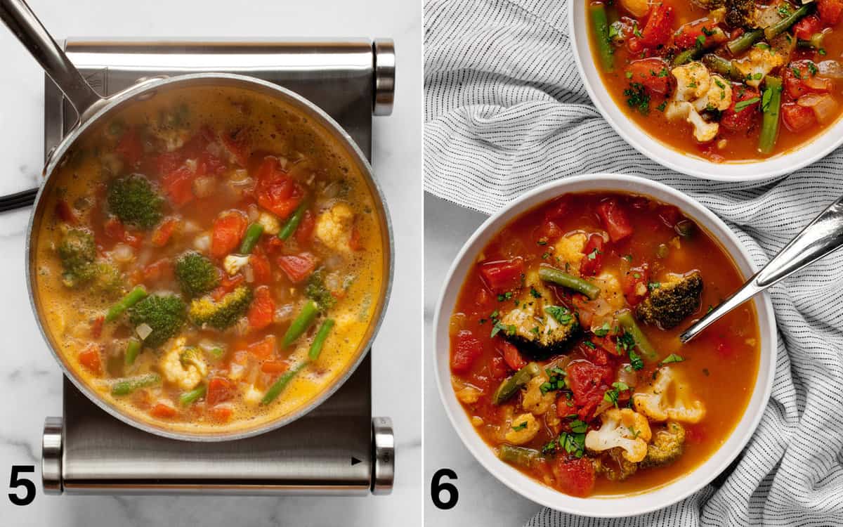 Simmer the soup. Then when it is ready, divide it into bowls and top with chopped parsley.