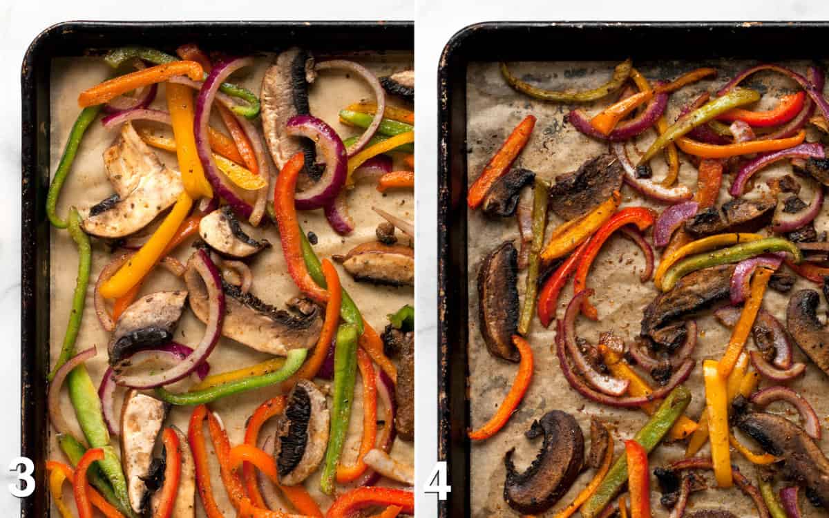 Fajita vegetables on a sheet pan before and after they are roasted.