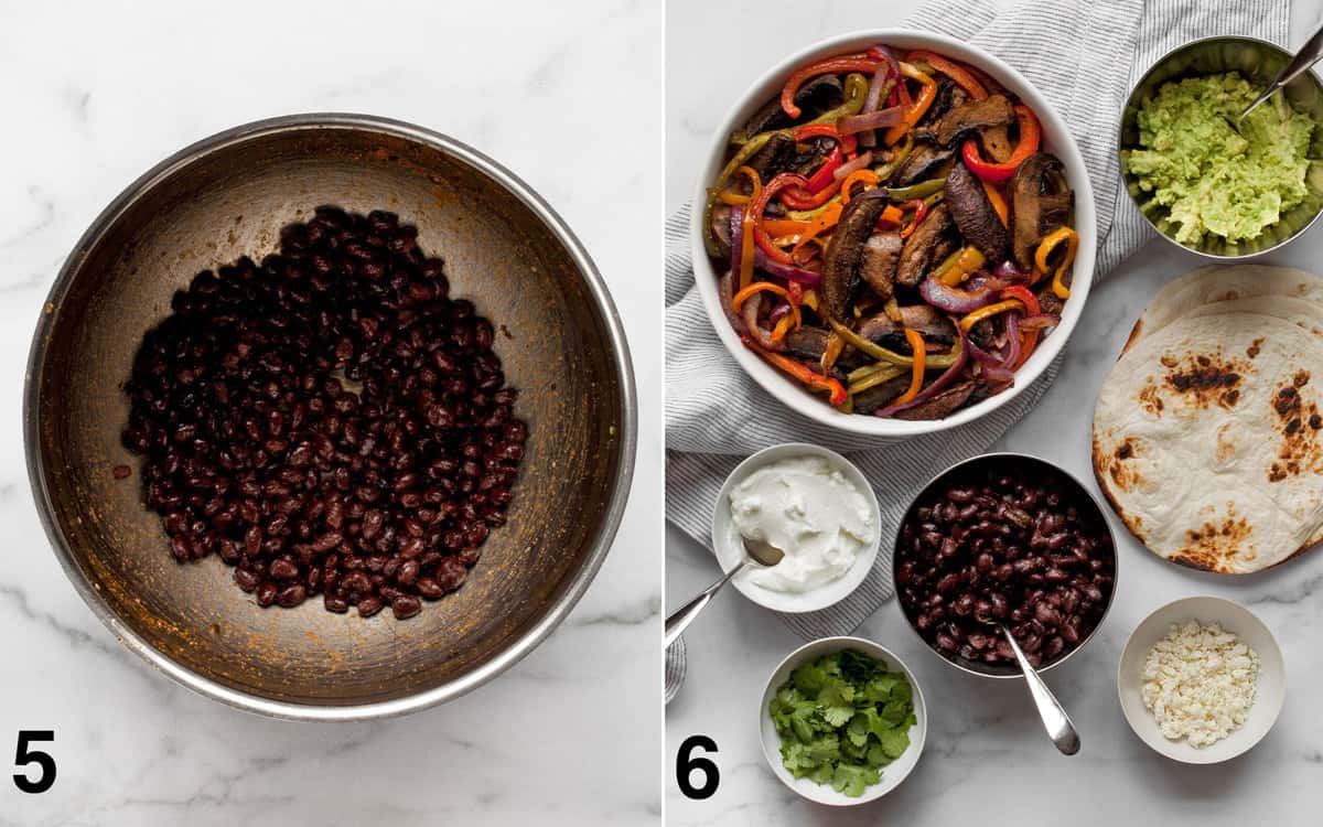 Beans stirred into marinade in a bowl. Fajita vegetables, tortillas, mashed avocado, cheese, cilantro and yogurt in individual bowls ready for assembling.