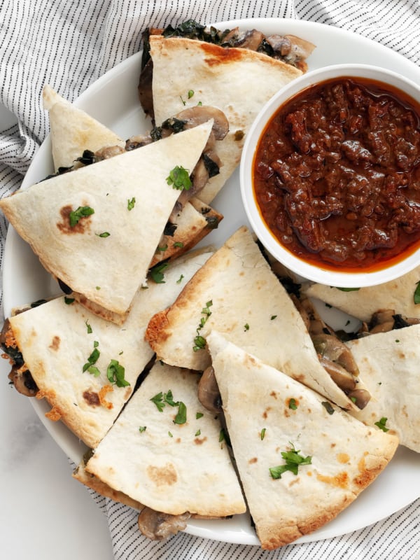 Easy baked mushroom kale quesadillas on a plate.