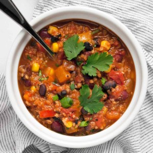 Quinoa chili in a bowl.