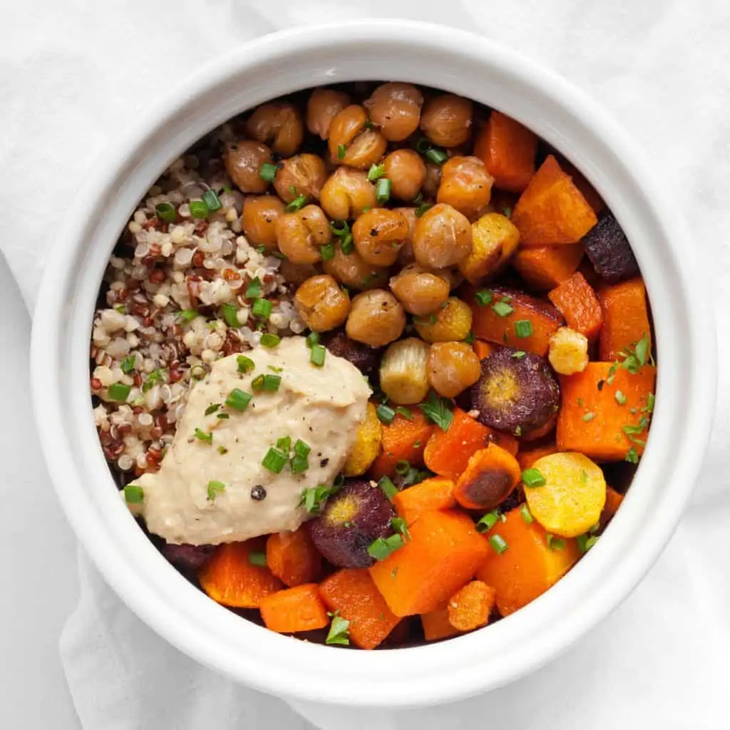 Roasted Vegetable Quinoa Bowls with Hummus and Chickpeas
