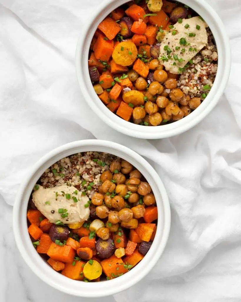 Roasted Vegetable Hummus Bowls with Crispy Chickpeas