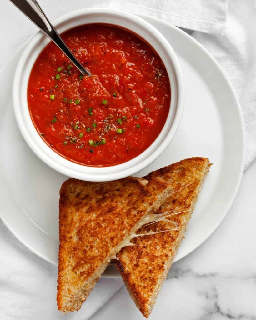 Chipotle Roasted Red Pepper Tomato Soup with a grilled cheese sandwich