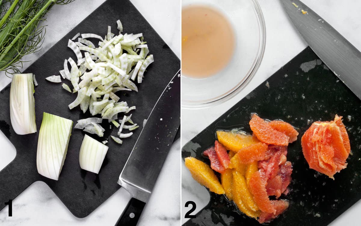 Fennel sliced on a cutting board. Oranges cut into segments with juices in a small bowl.