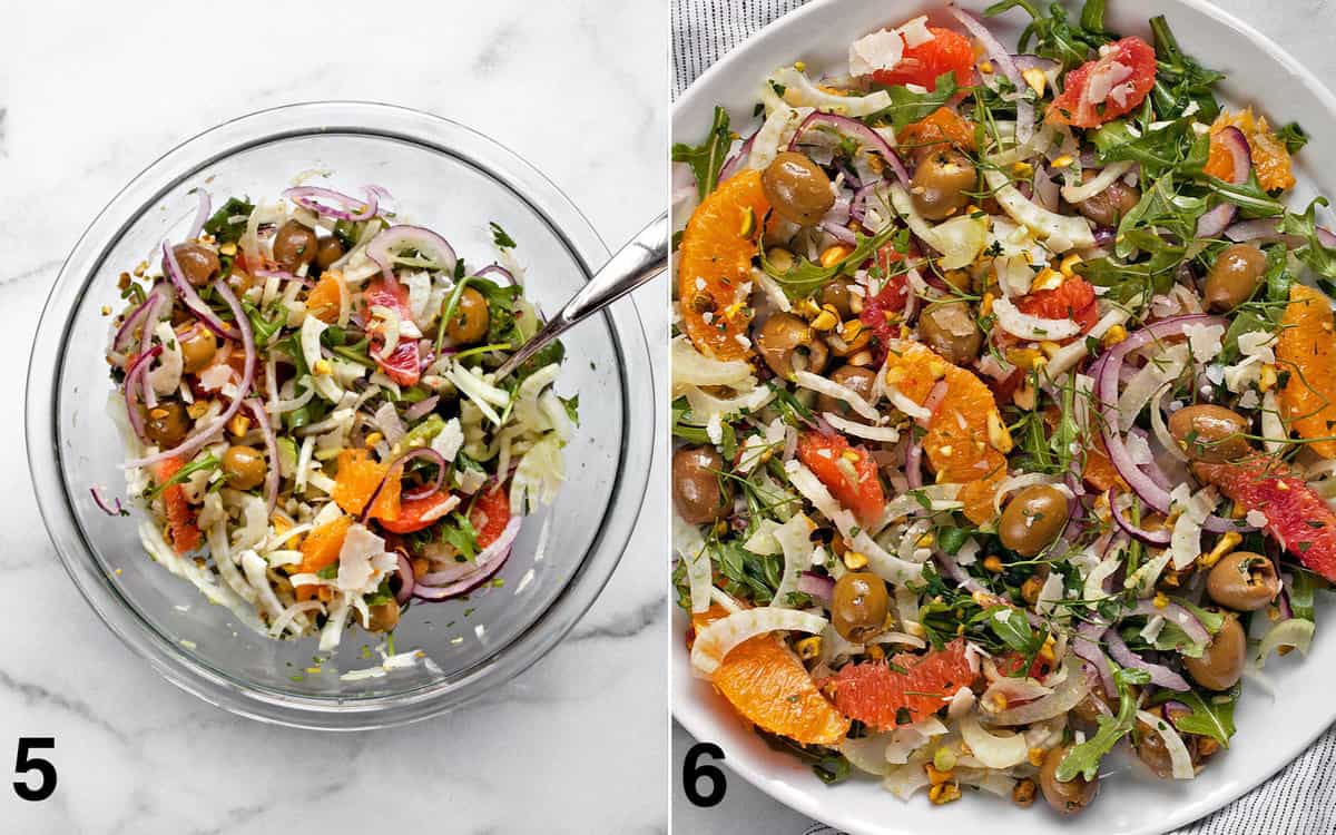 Salad tossed with vinaigrette in a bowl. Finished salad topped with fennel fronds.