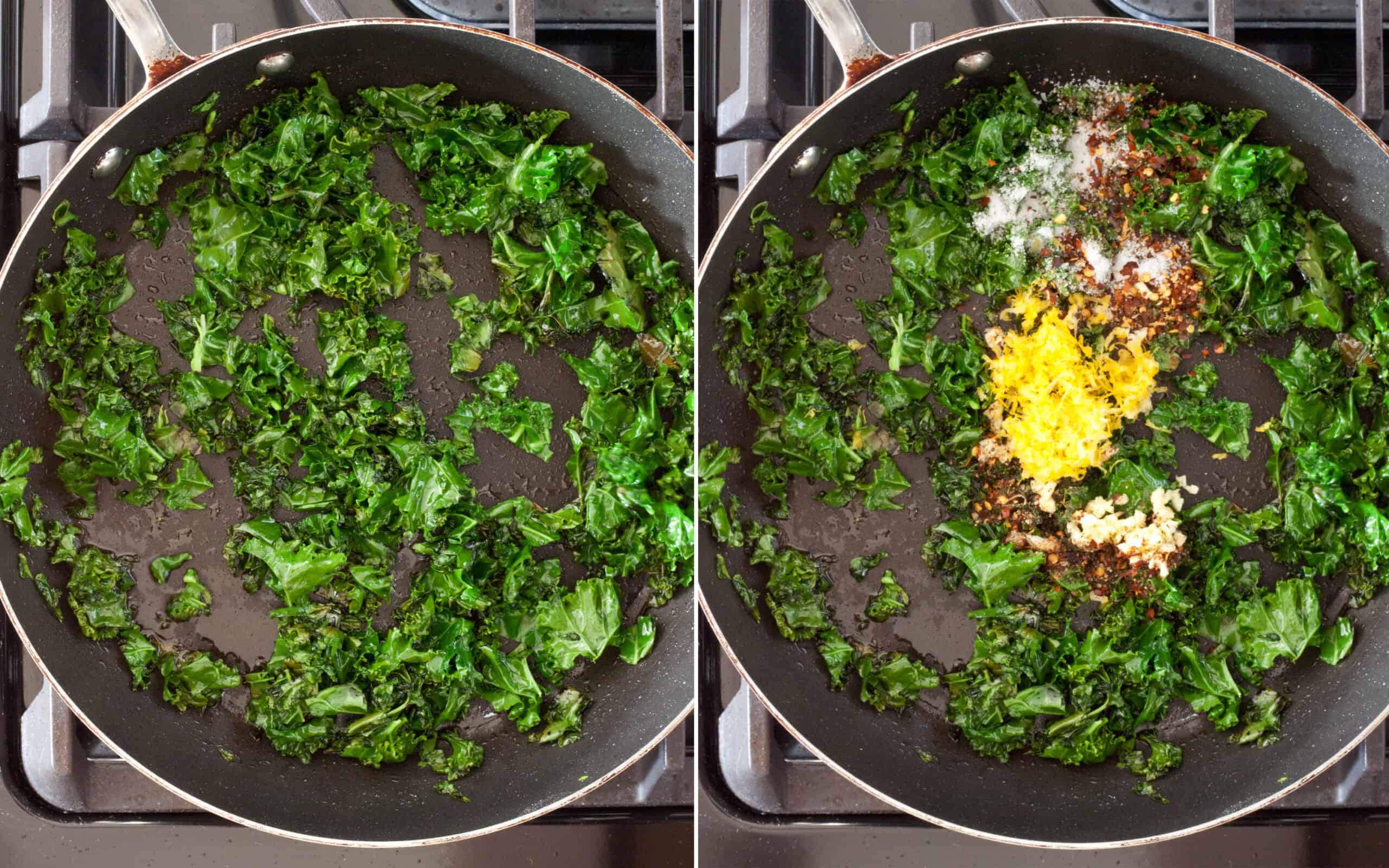 Saute the kale and then addthe lemon zest, garlic and seasonings