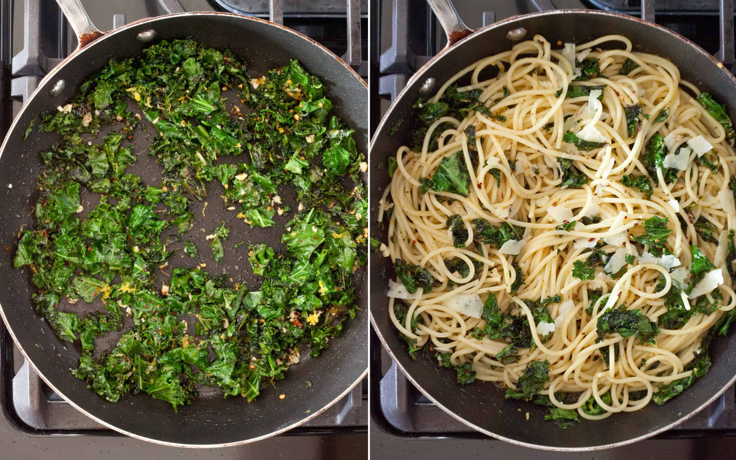 Saute the kale and then add the spaghetti to the skillet