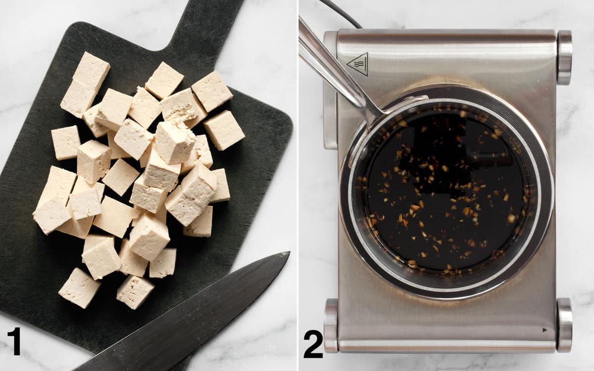 Cube tofu on a cutting board. Teriyaki sauce in small pot on the stove.