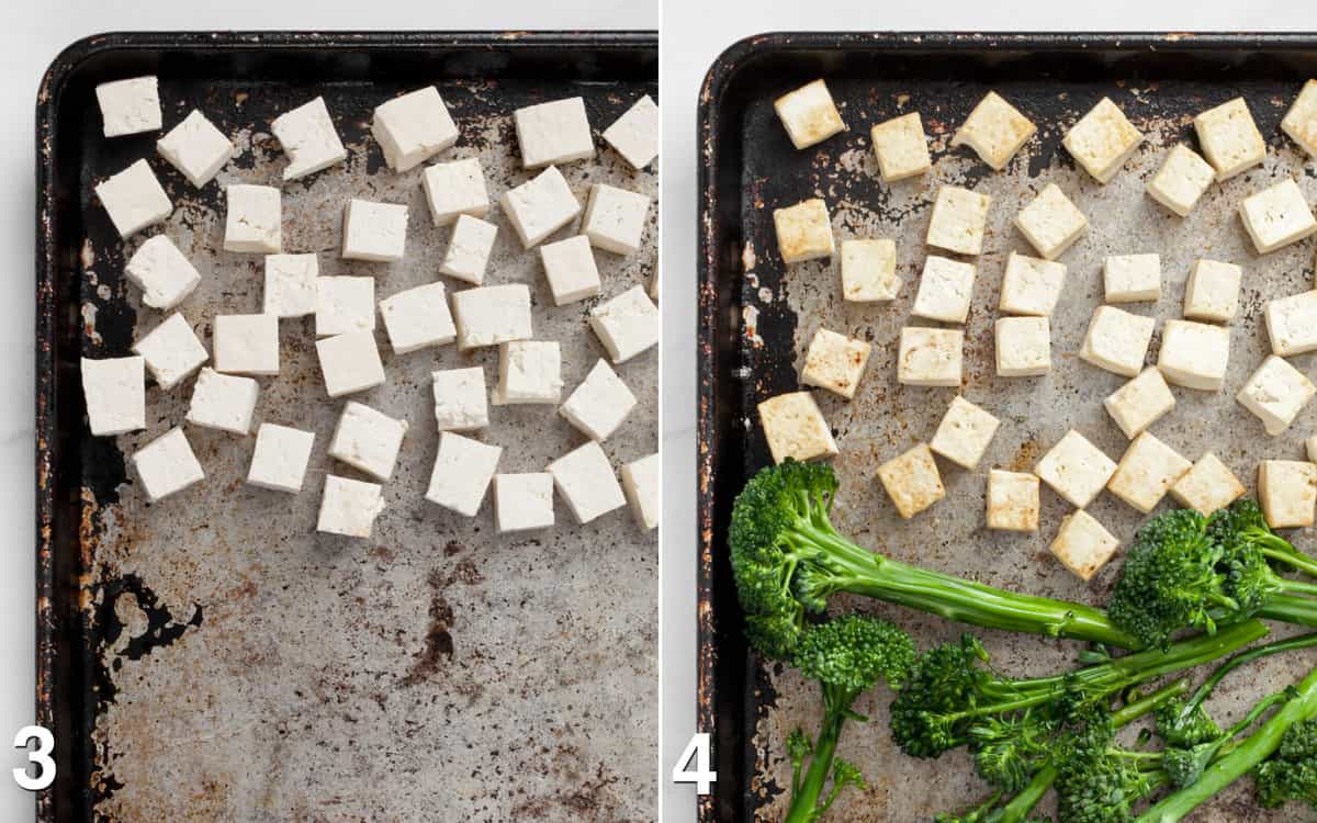 Cubed tofu on a sheet pan. Cubed tofu with raw broccolini on a pan.
