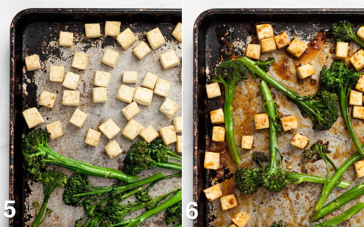 Baked tofu and broccolini on a pan. Sauce tossed with tofu and broccolini.