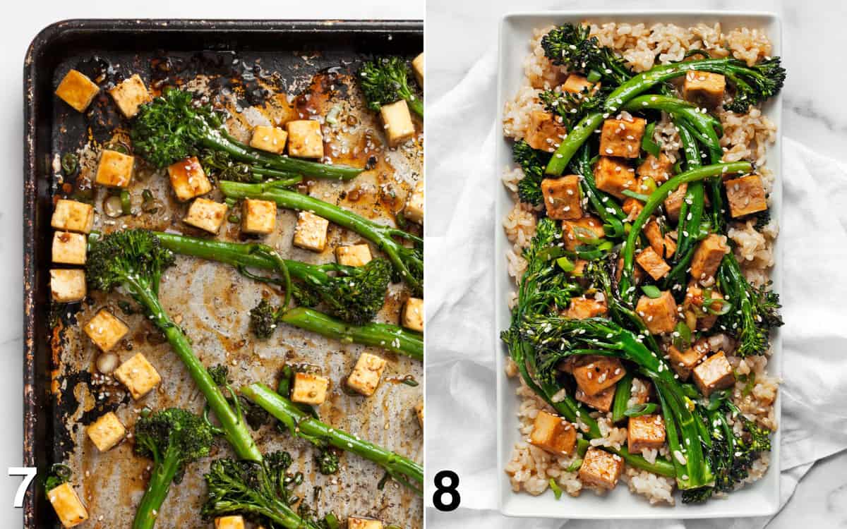 Scallions and sesame seeds sprinkled on tofu and broccolini. Roasted tofu and broccolini plated with rice.