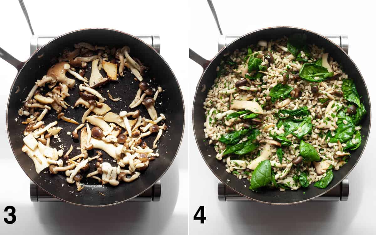 Garlic, salt and pepper stirred into sautéed mushrooms. Cooked barley, spinach and fresh herbs mixed into mushrooms.