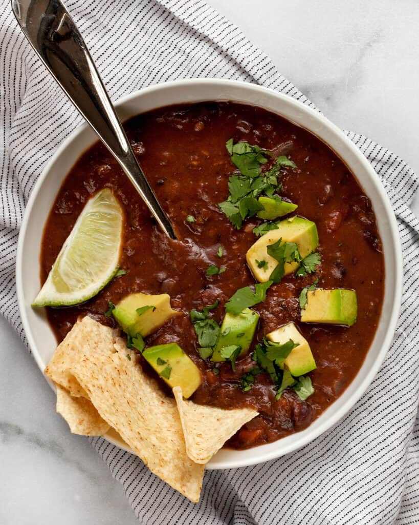 Bowl of vegan black bean soup.