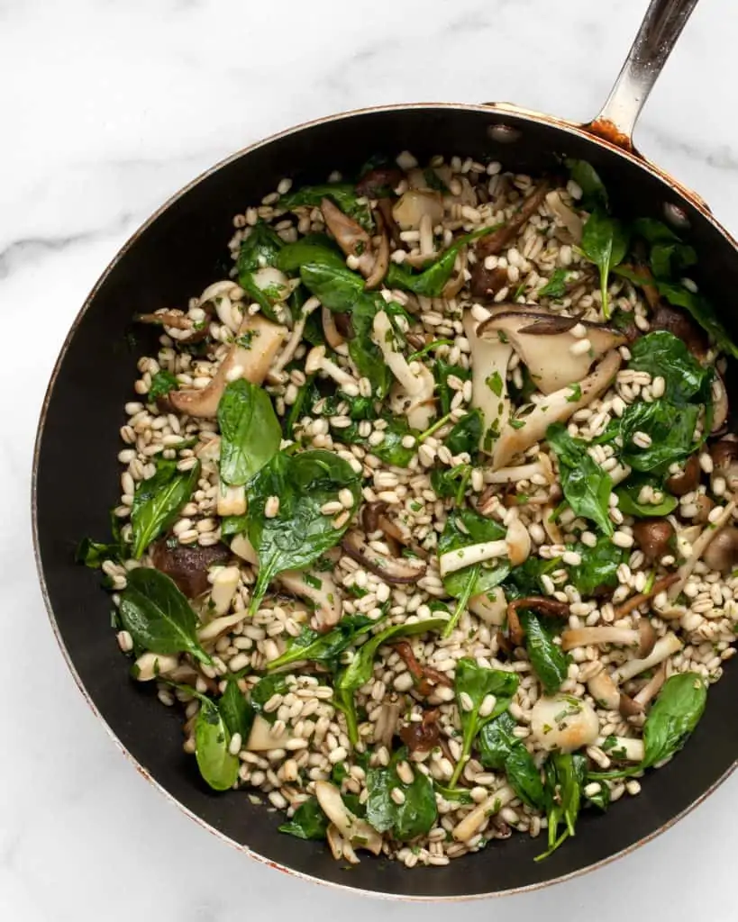 Mushroom barley in a skillet