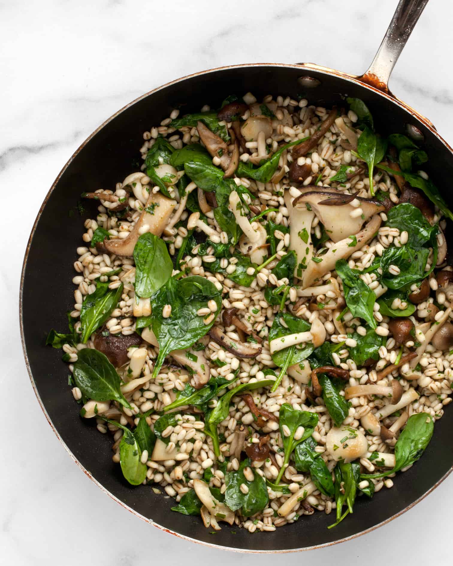 Mushroom barley in a skillet