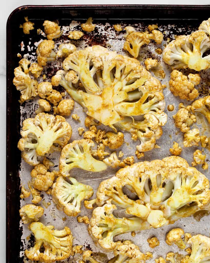 Marinated cauliflower on a sheet pan