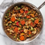 Frozen vegetable stir fry in a skillet.