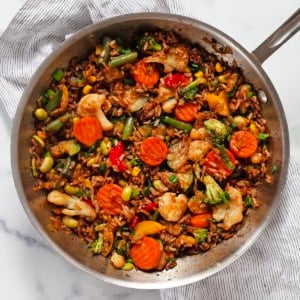 Frozen vegetable stir fry in a skillet.