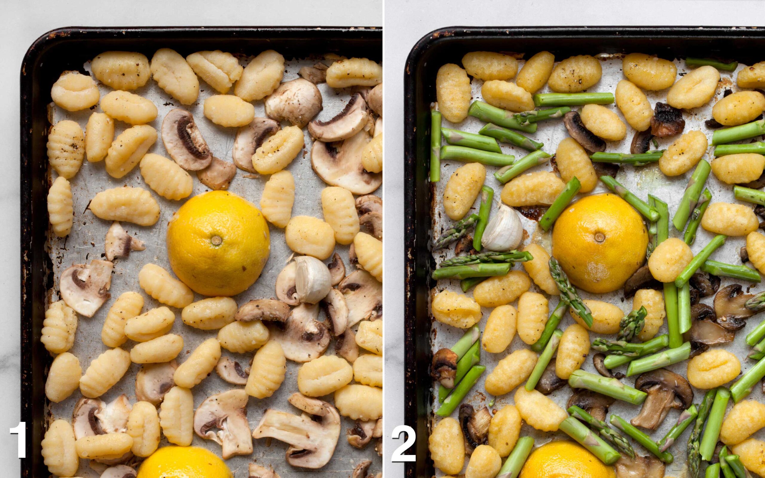 Gnocchi, mushrooms garlic and lemon on a sheet pan before they go into the oven. Asparagus added to the pan.