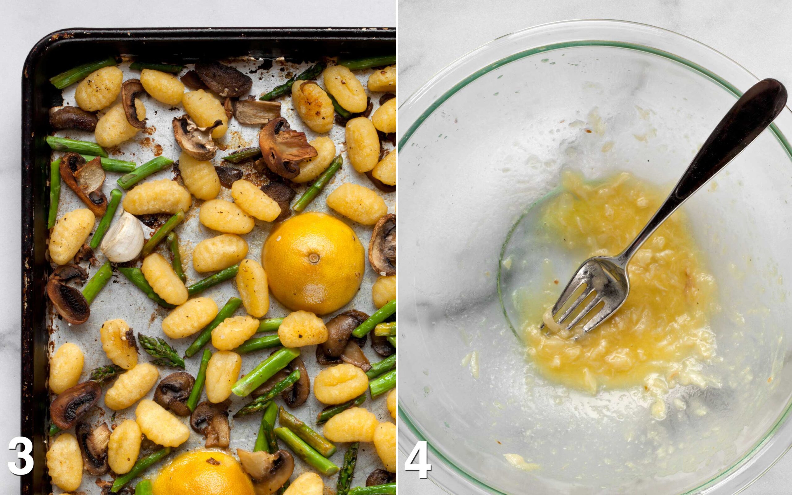 Roasted gnocchi, mushrooms and asparagus on a sheet pan. Garlic, lemon, olive oil mixture in a bowl.