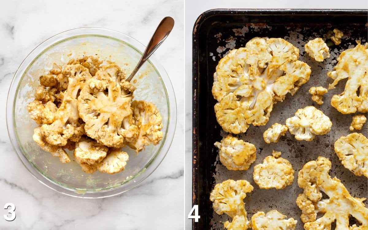 Cauliflower stirred into marinade in a bowl and then arranged on a sheet pan.
