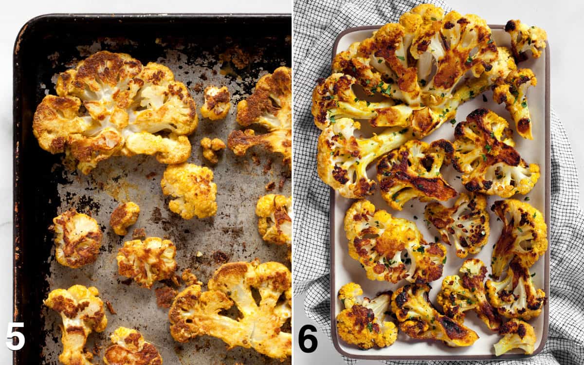 Roasted cauliflower on a baking sheet and on a rectangular plate.