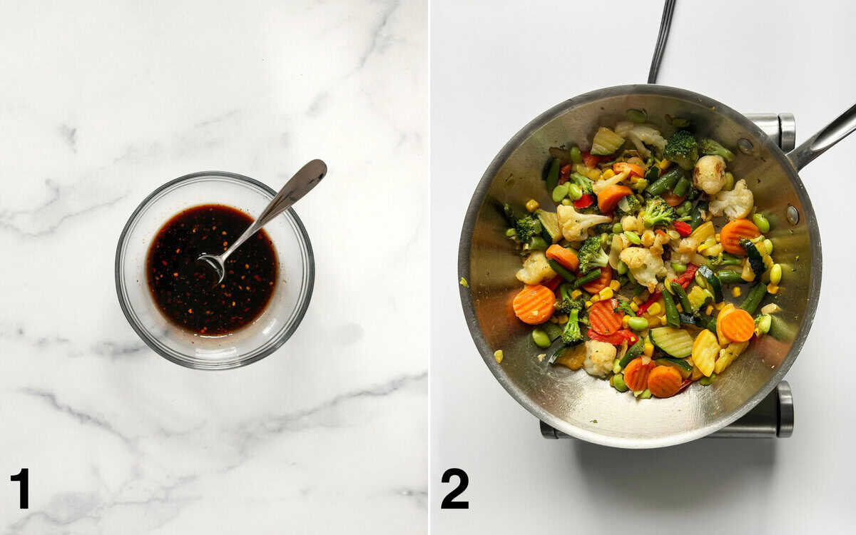 Stir fry sauce stirred in a small owl. Veggies sauteing in a skillet.