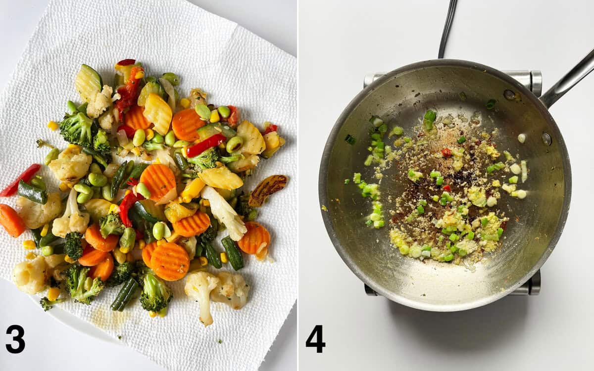 Sauteed vegetables on a paper towel-lined plate. Scallions, garlic and ginger sauteing in a skillet.