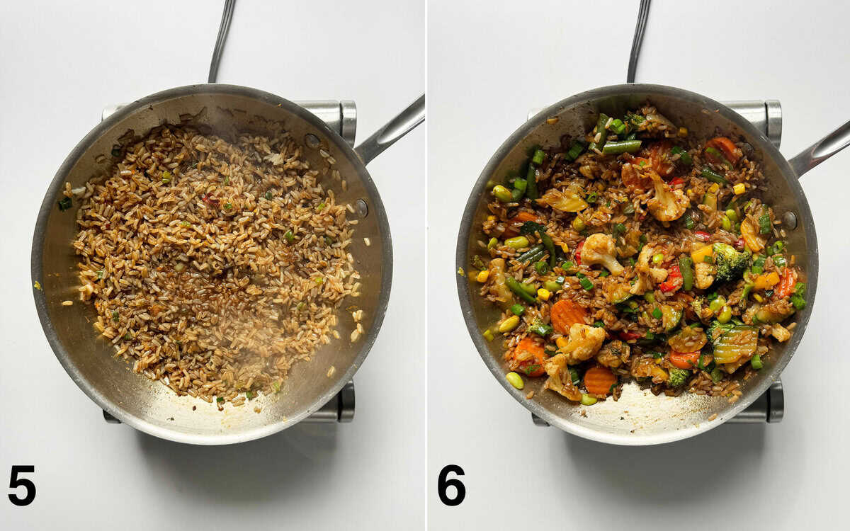 Brown rice with sauce bubbling in the skillet. Cooked vegetables folded into the rice.