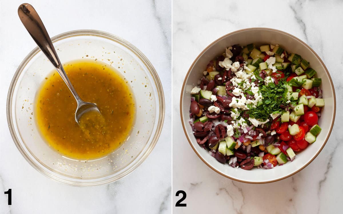 Italian vinaigrette stirred together in a small bowl. Salad ingredients assembled in a large bowl.