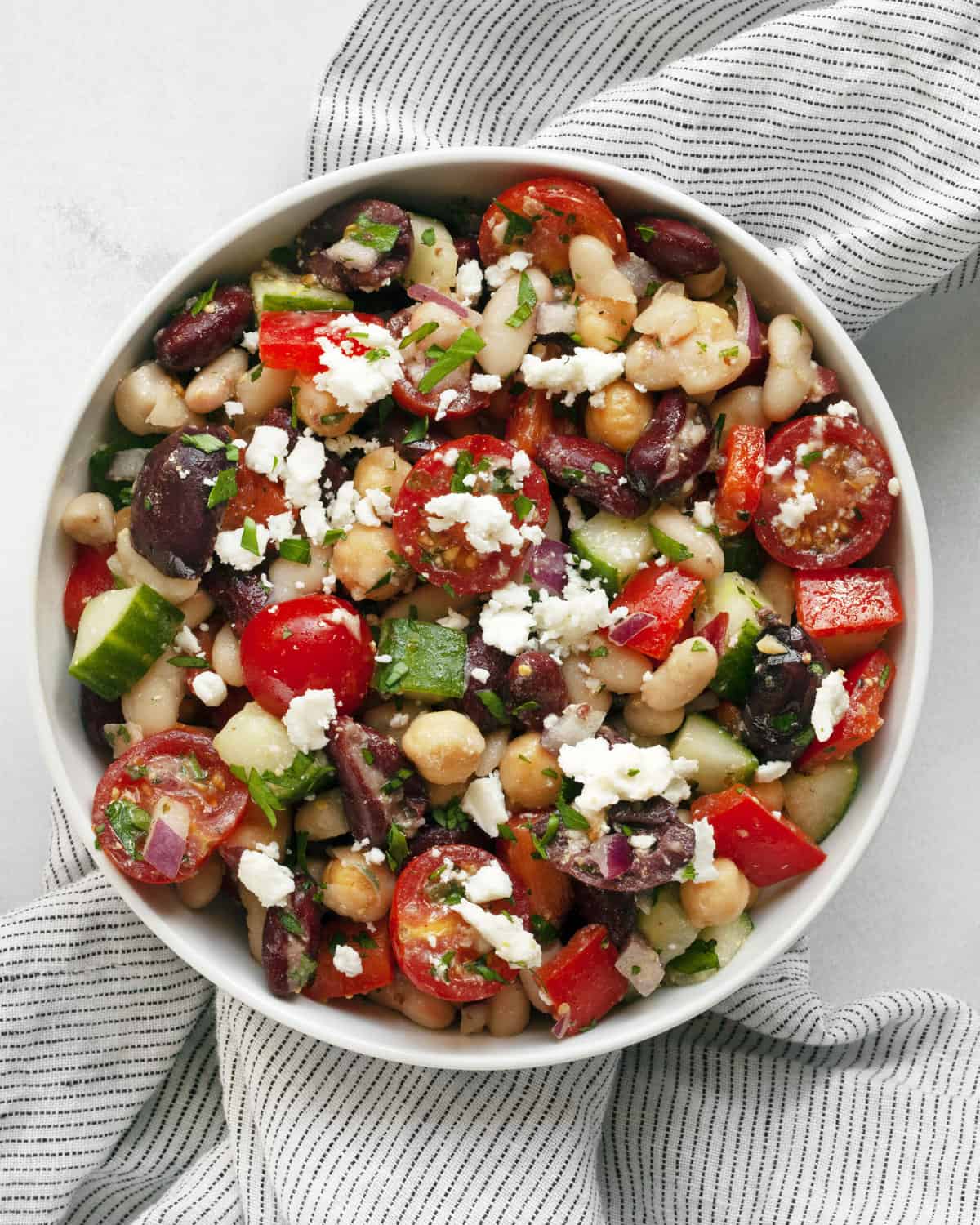 Mediterranean bean salad in a bowl.