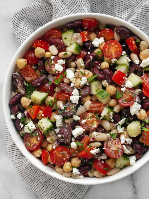 Mediterranean bean salad in a bowl.