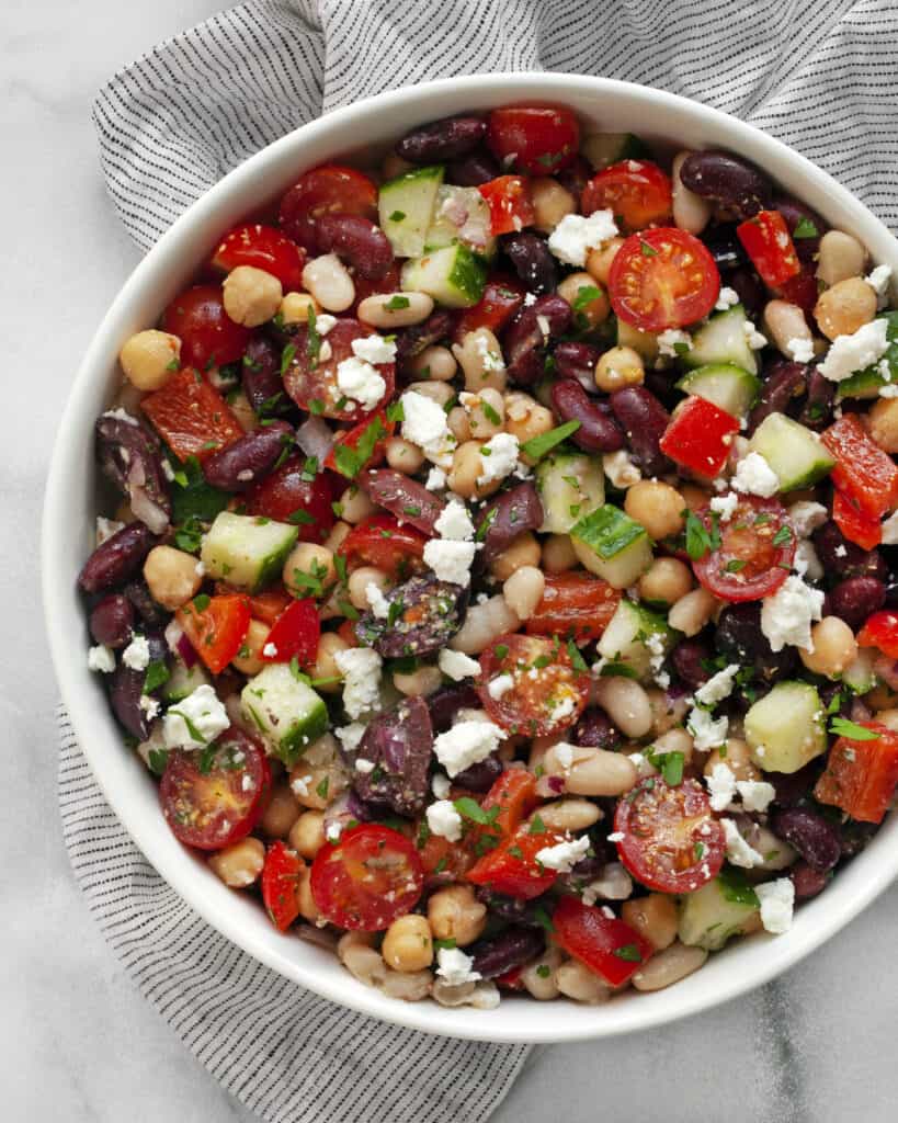Mediterranean bean salad in a bowl.