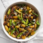 Roasted asparagus mushroom gnocchi in a bowl