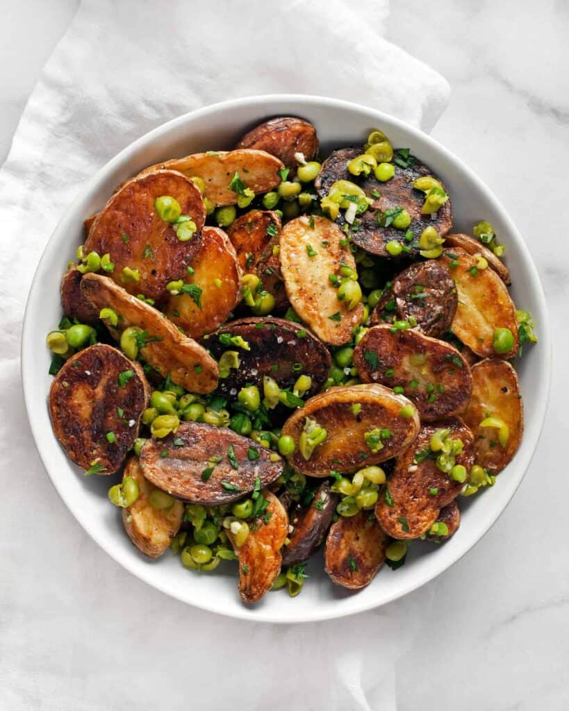 Roasted Fingerling Potatoes with Smashed Peas