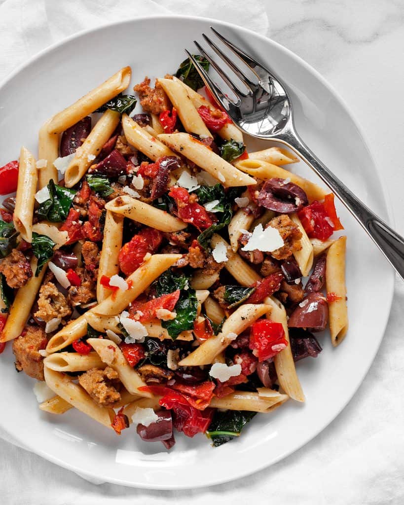 Tomato Olive Kale Sausage Penne